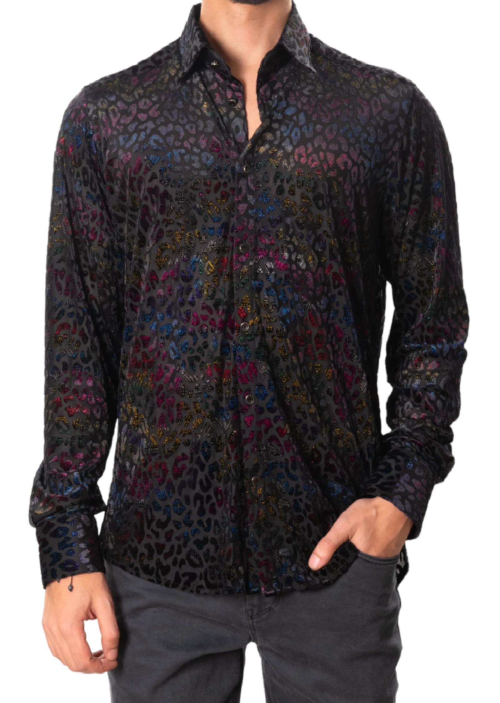 Black Multicolor Leopard Velvet Shirt