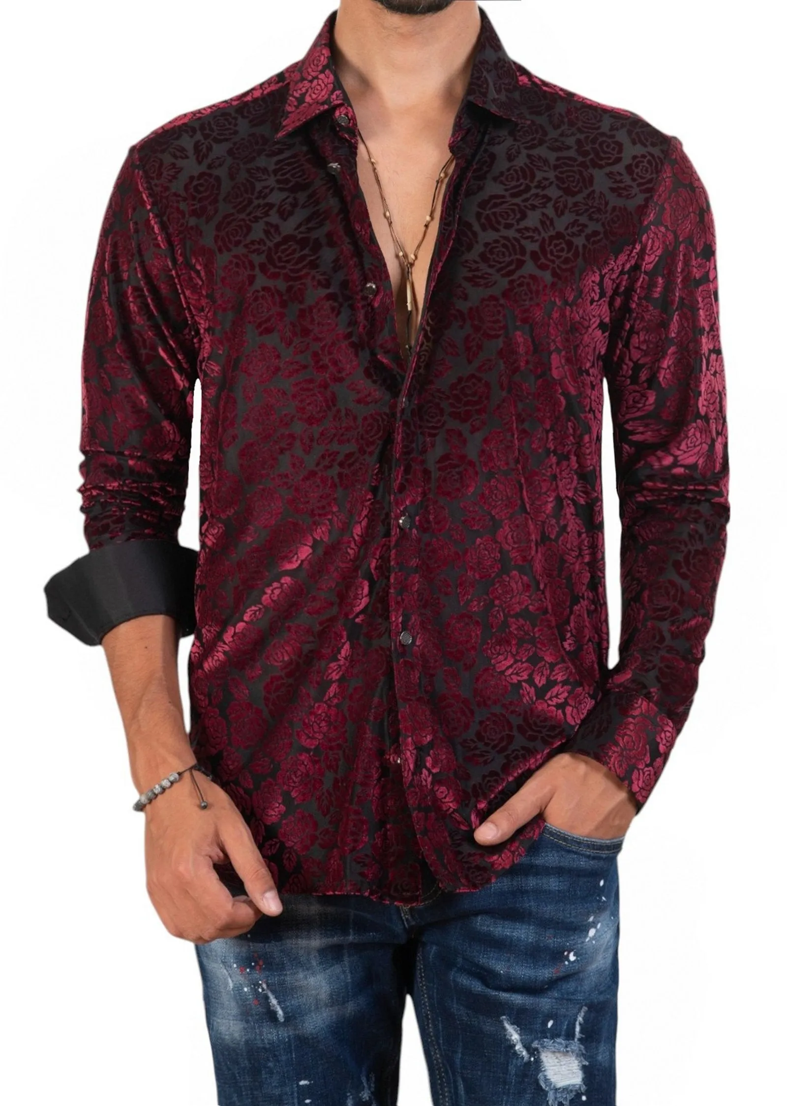 Burgundy Floral Burnout Velvet Shirt