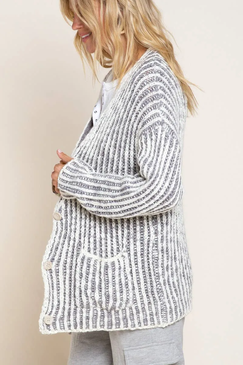 Chunky Grey and White Striped V Neck Cardigan