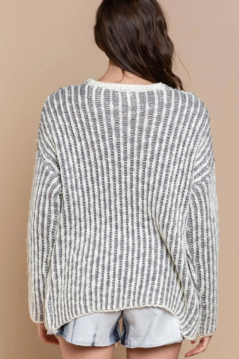 Chunky Grey and White Striped V Neck Cardigan