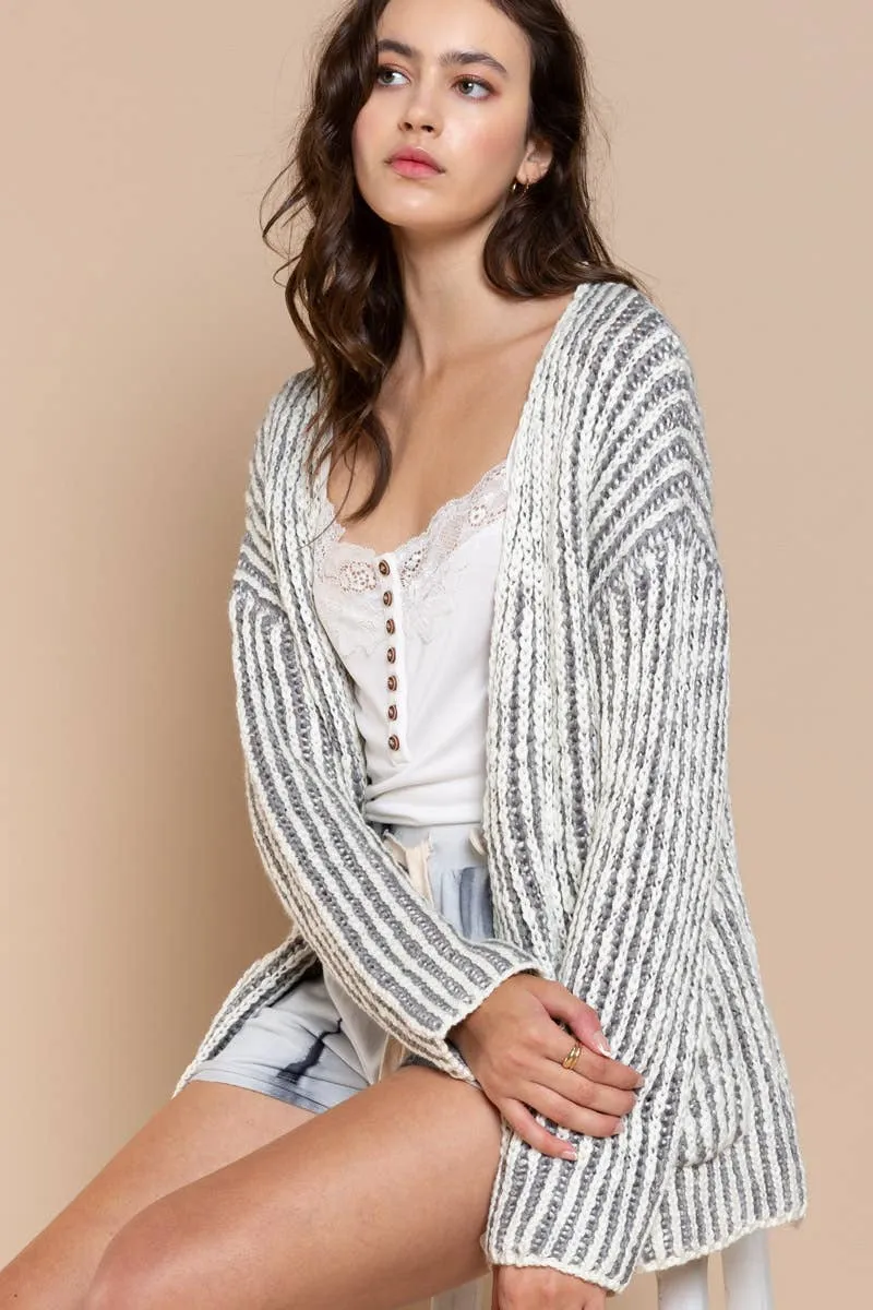 Chunky Grey and White Striped V Neck Cardigan