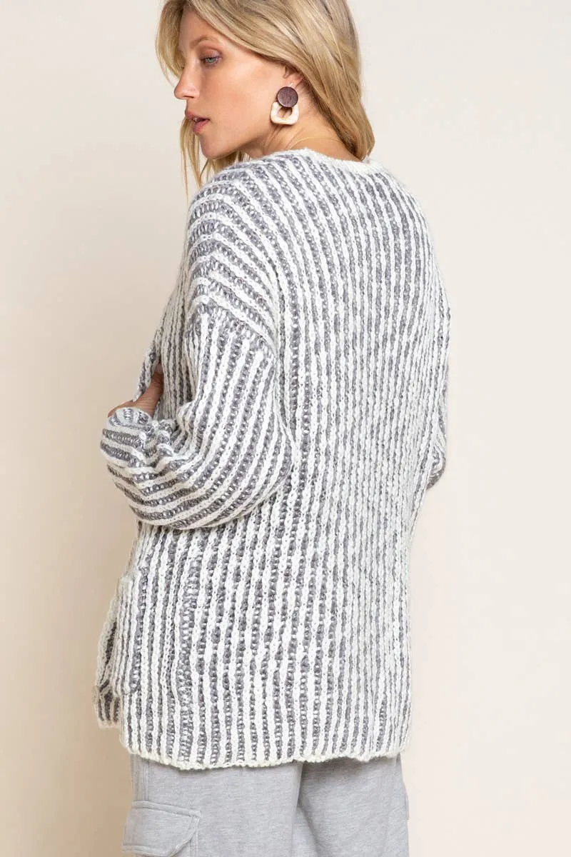 Chunky Grey and White Striped V Neck Cardigan