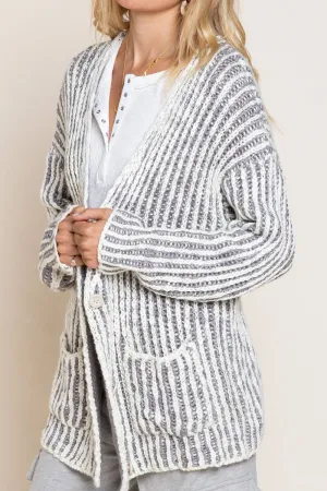 Chunky Grey and White Striped V Neck Cardigan