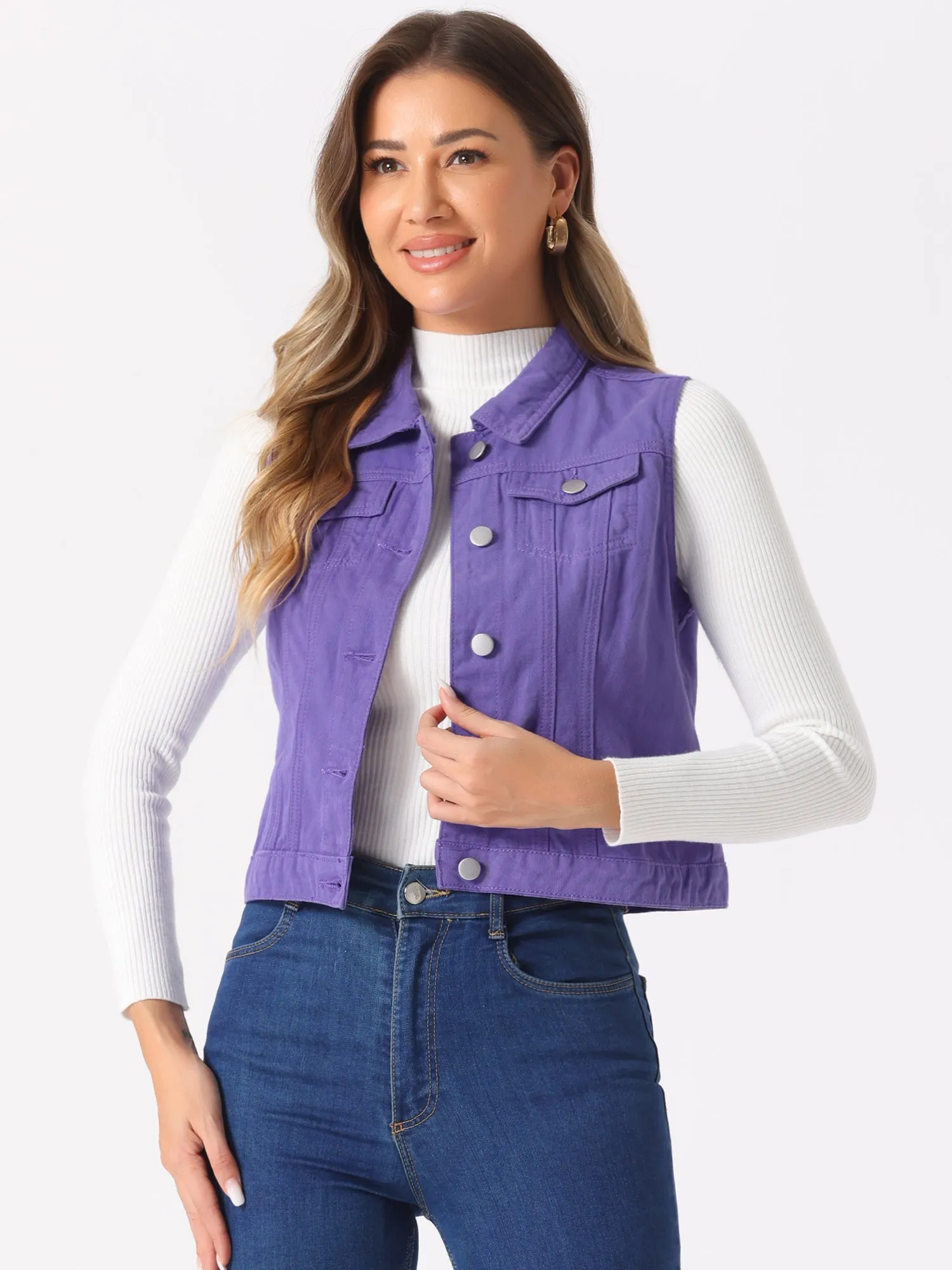 Flap Pocket Washed Buttoned Denim Jacket Vest