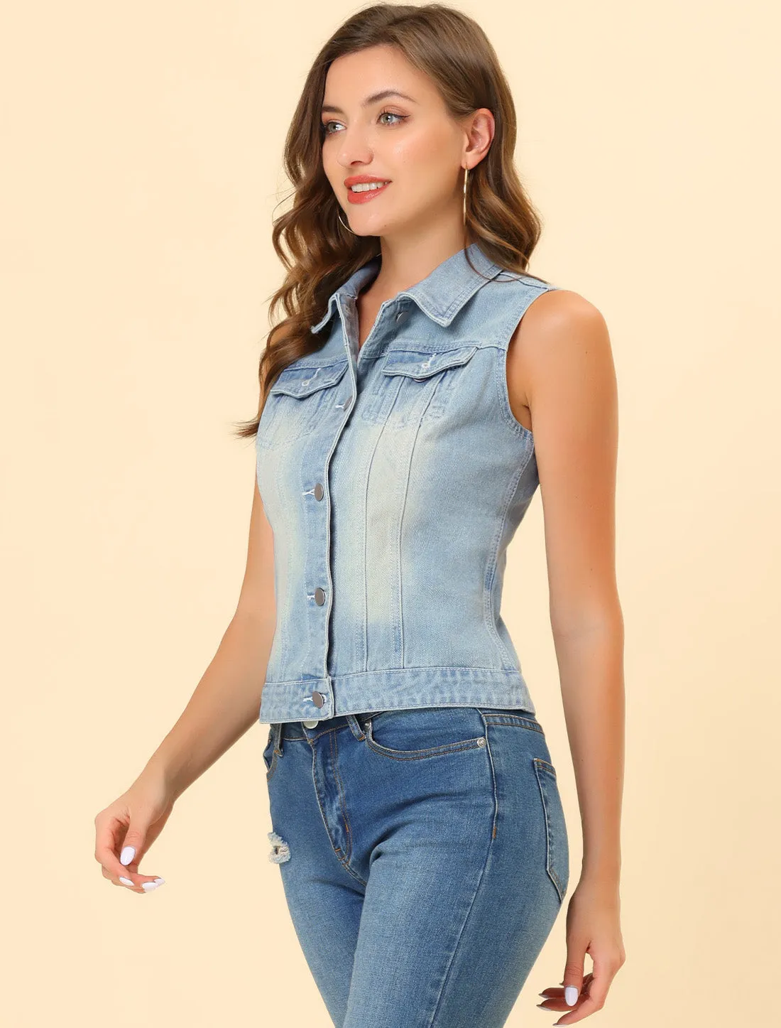 Flap Pocket Washed Buttoned Denim Jacket Vest