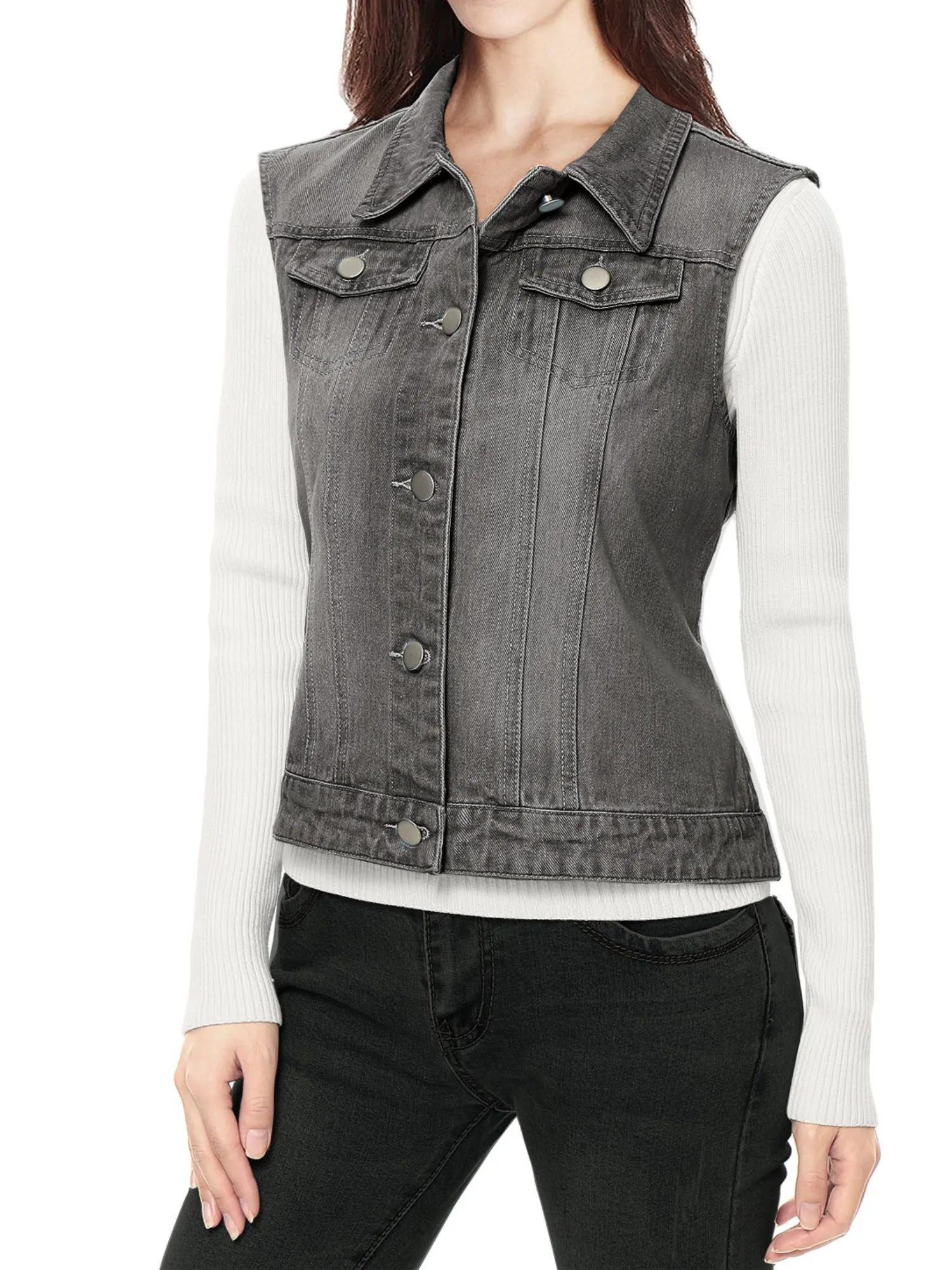 Flap Pocket Washed Buttoned Denim Jacket Vest