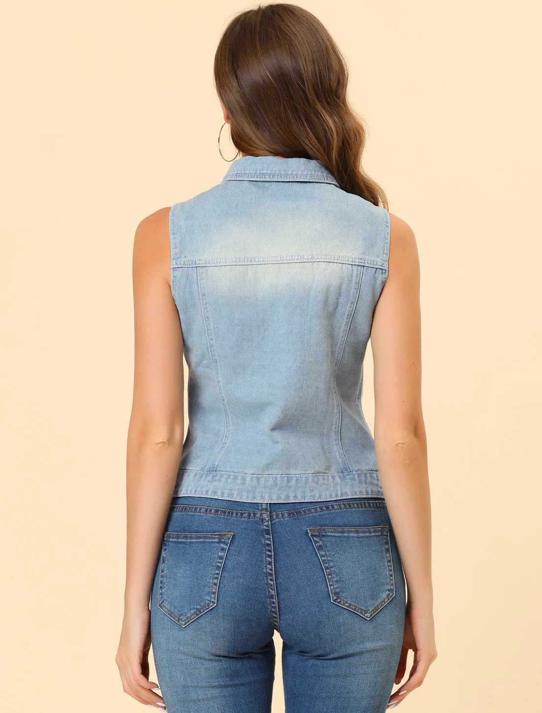 Flap Pocket Washed Buttoned Denim Jacket Vest