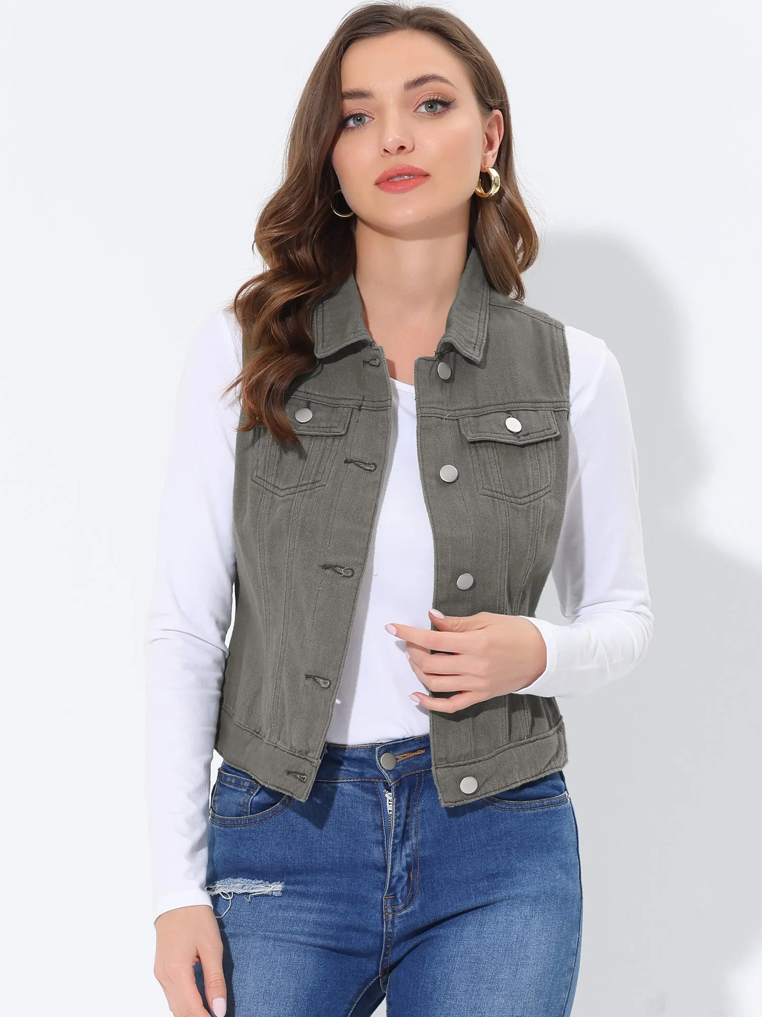 Flap Pocket Washed Buttoned Denim Jacket Vest