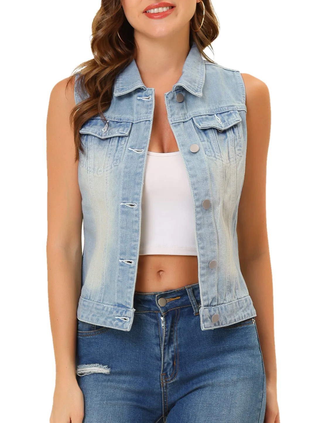 Flap Pocket Washed Buttoned Denim Jacket Vest