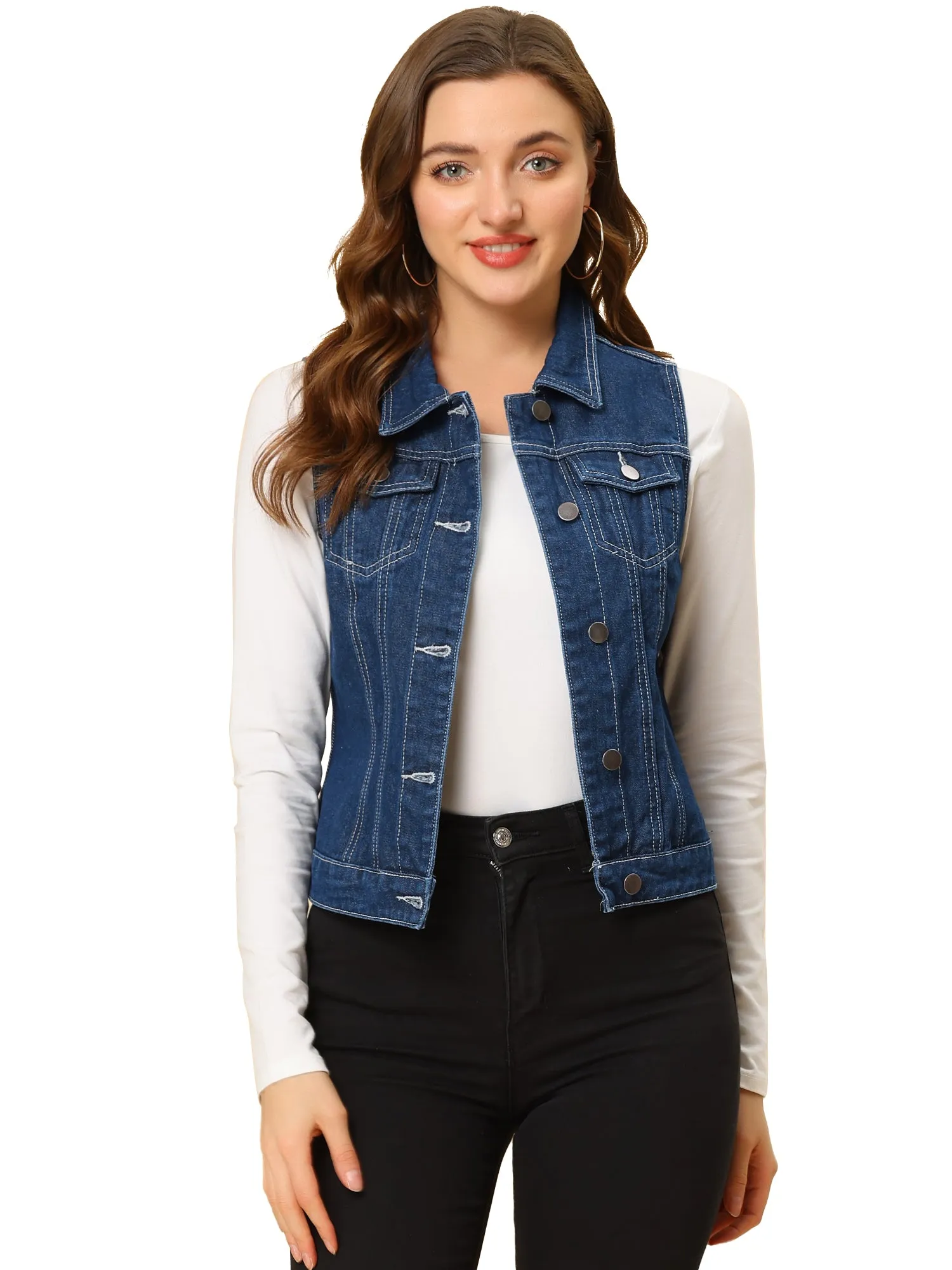 Flap Pocket Washed Buttoned Denim Jacket Vest