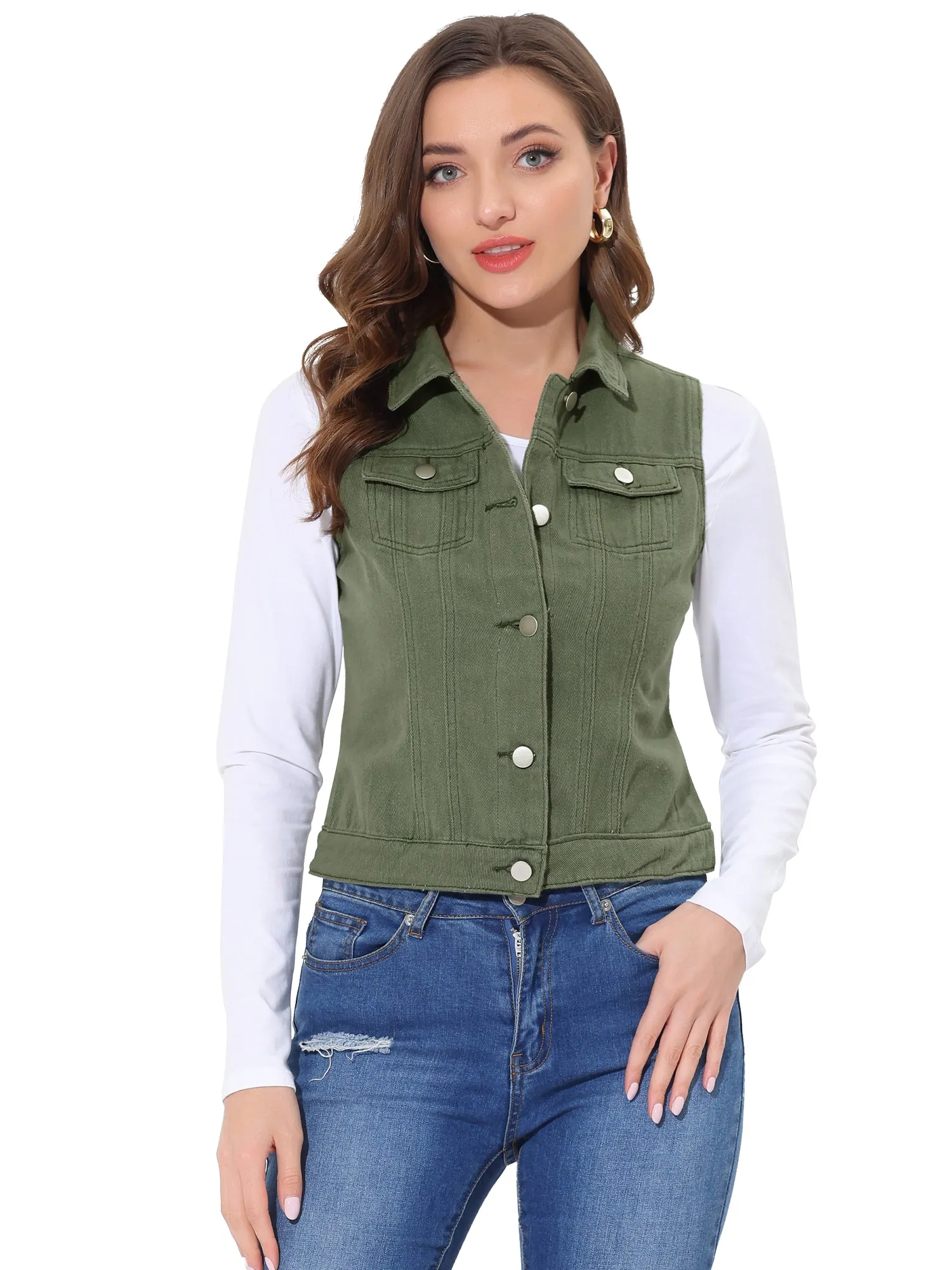 Flap Pocket Washed Buttoned Denim Jacket Vest