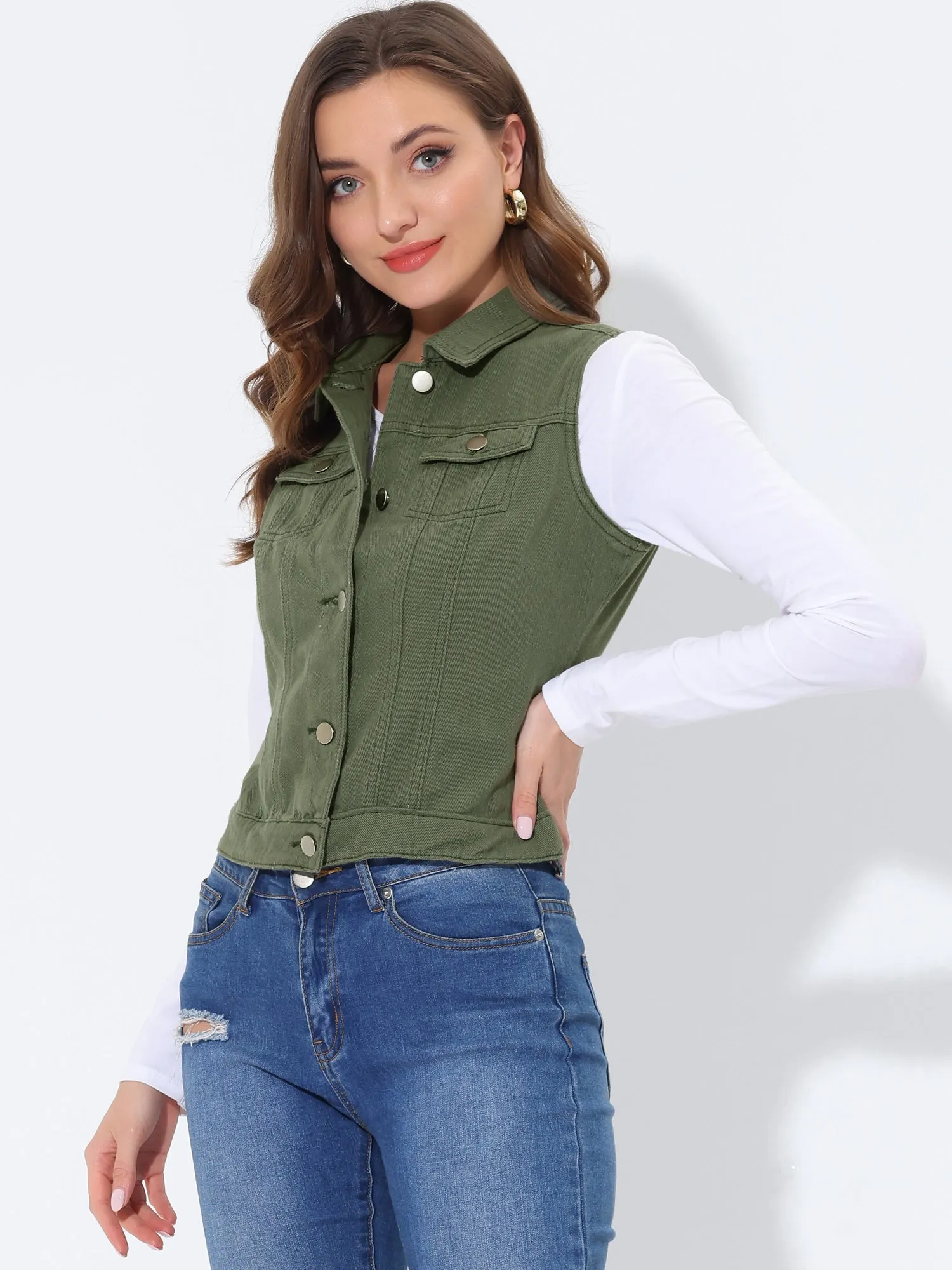 Flap Pocket Washed Buttoned Denim Jacket Vest