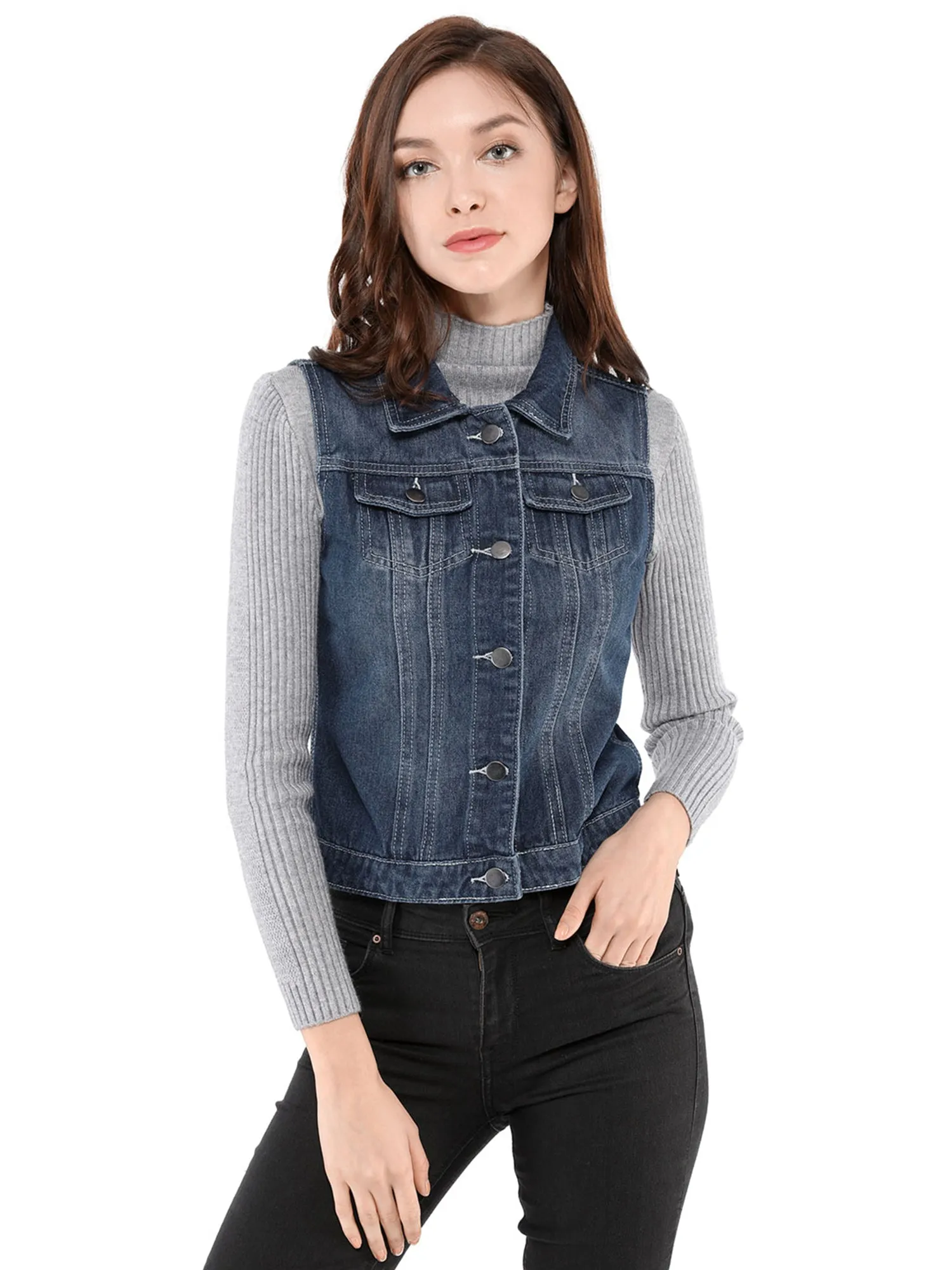 Flap Pocket Washed Buttoned Denim Jacket Vest