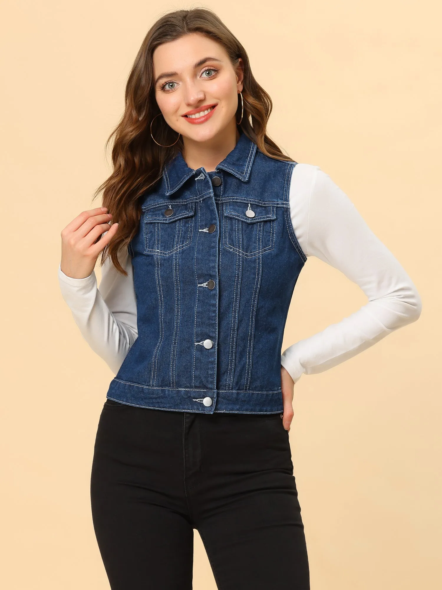 Flap Pocket Washed Buttoned Denim Jacket Vest