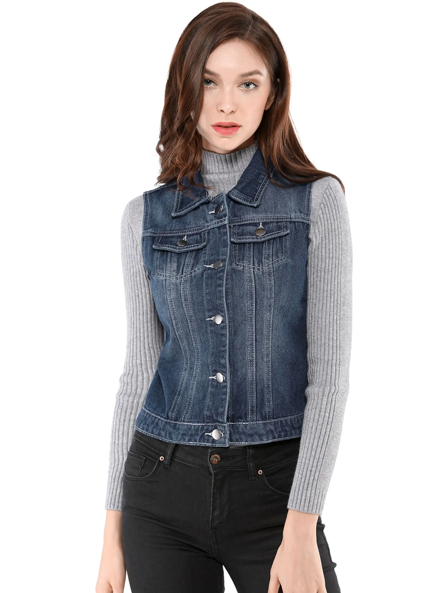 Flap Pocket Washed Buttoned Denim Jacket Vest