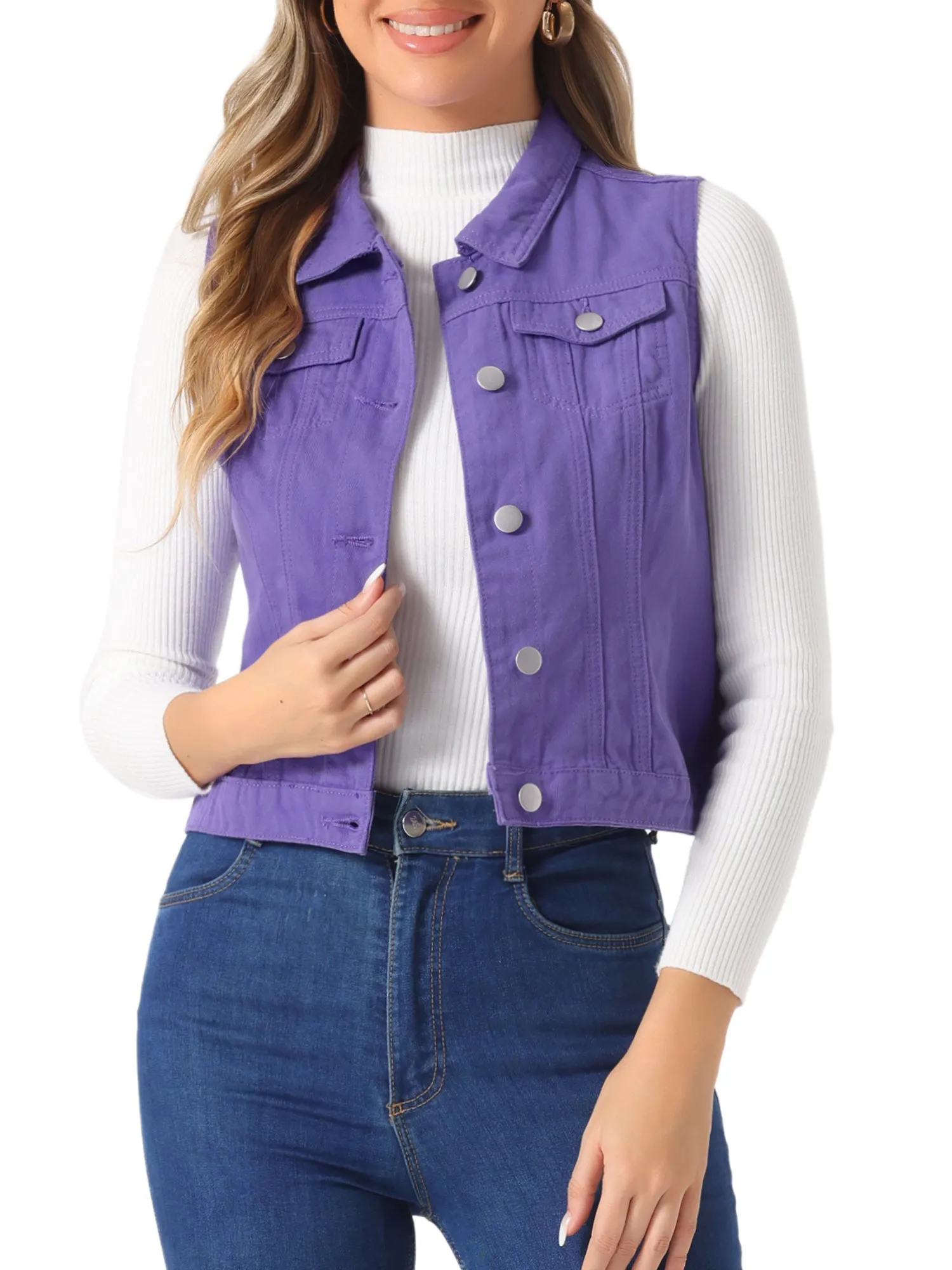 Flap Pocket Washed Buttoned Denim Jacket Vest