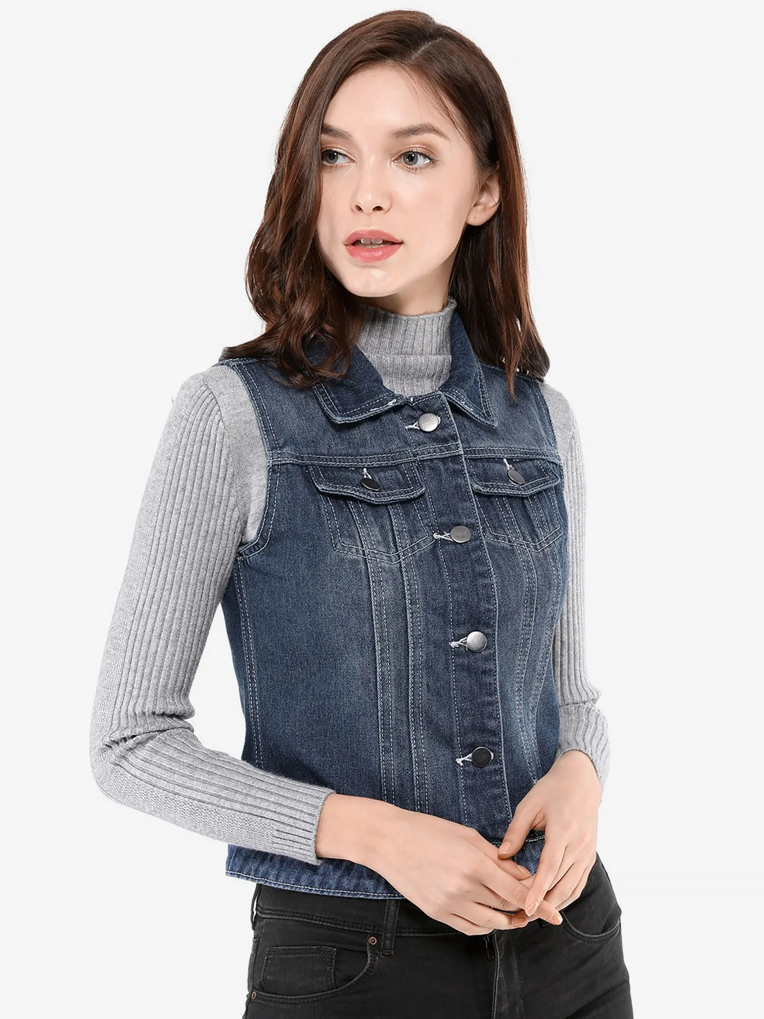 Flap Pocket Washed Buttoned Denim Jacket Vest