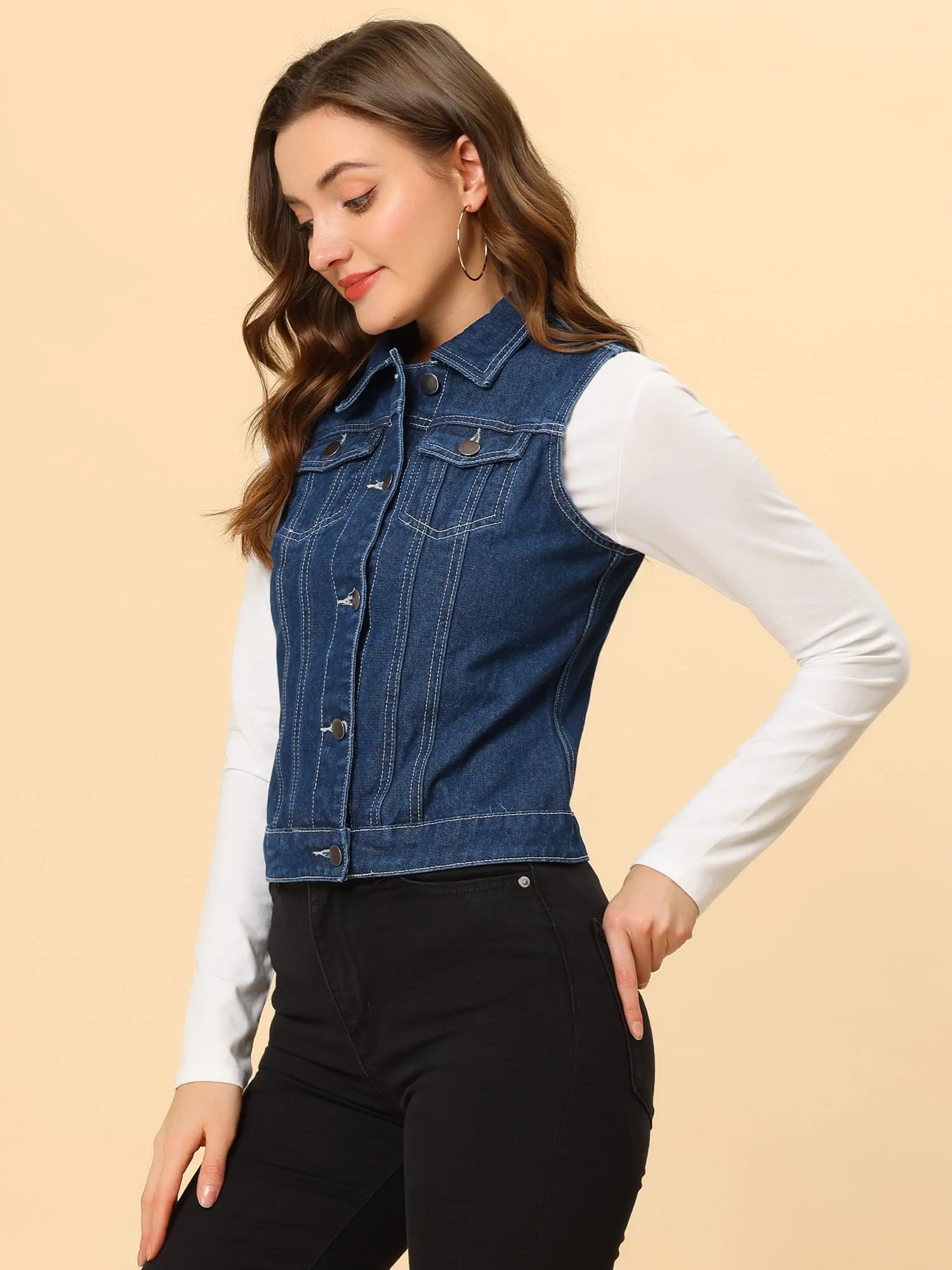 Flap Pocket Washed Buttoned Denim Jacket Vest