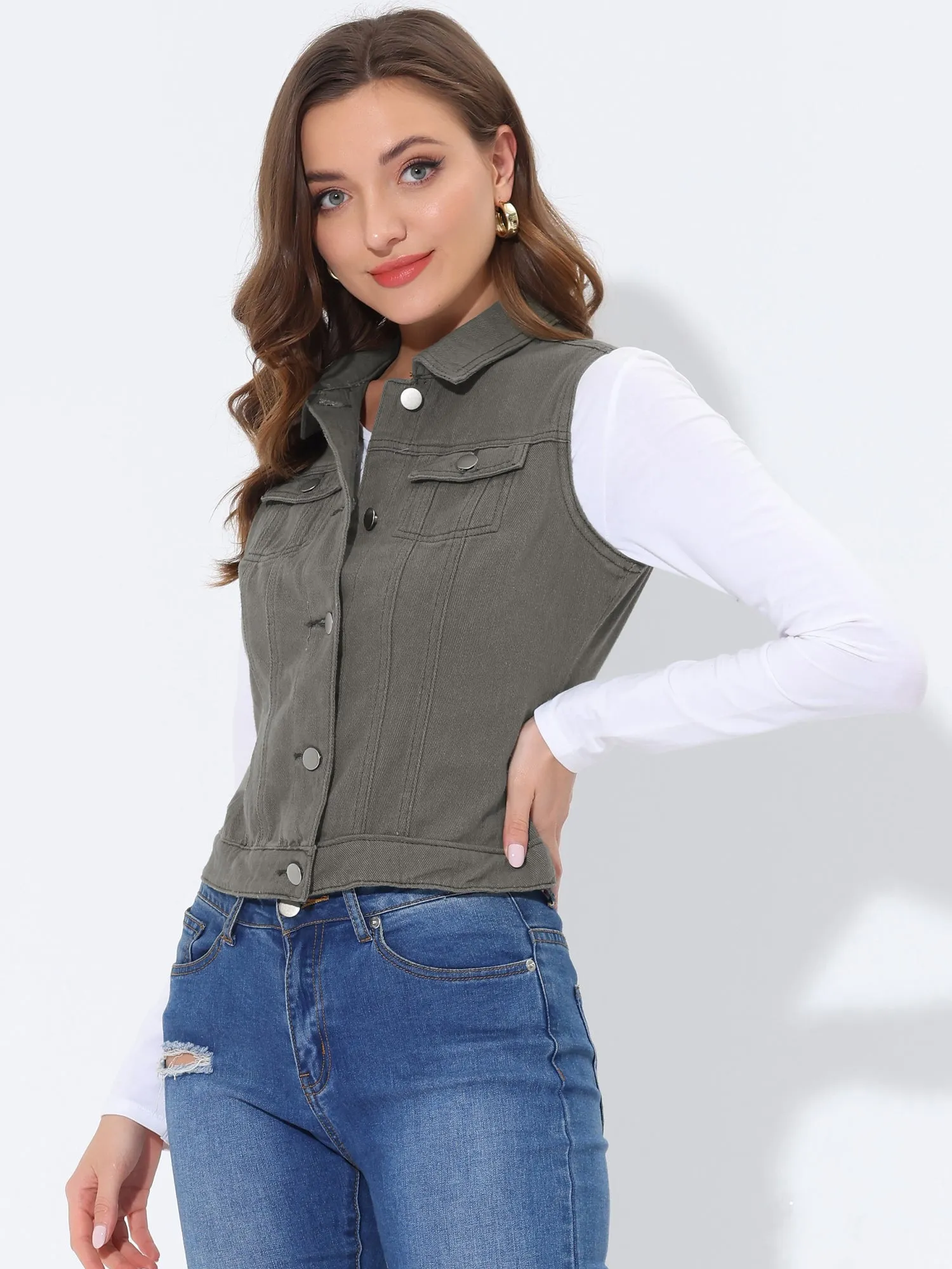 Flap Pocket Washed Buttoned Denim Jacket Vest