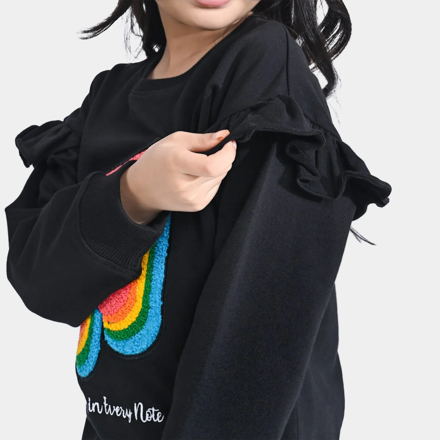 Girls Cotton Terry Sweatshirt Music-Jet Black