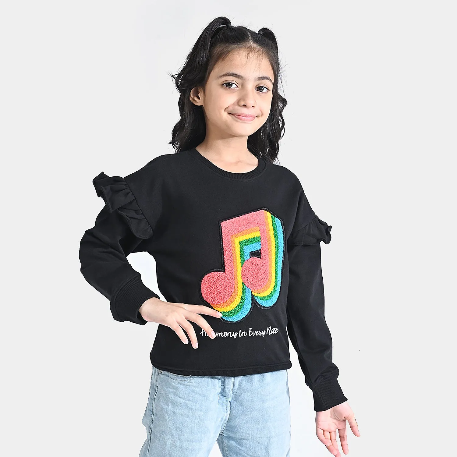 Girls Cotton Terry Sweatshirt Music-Jet Black