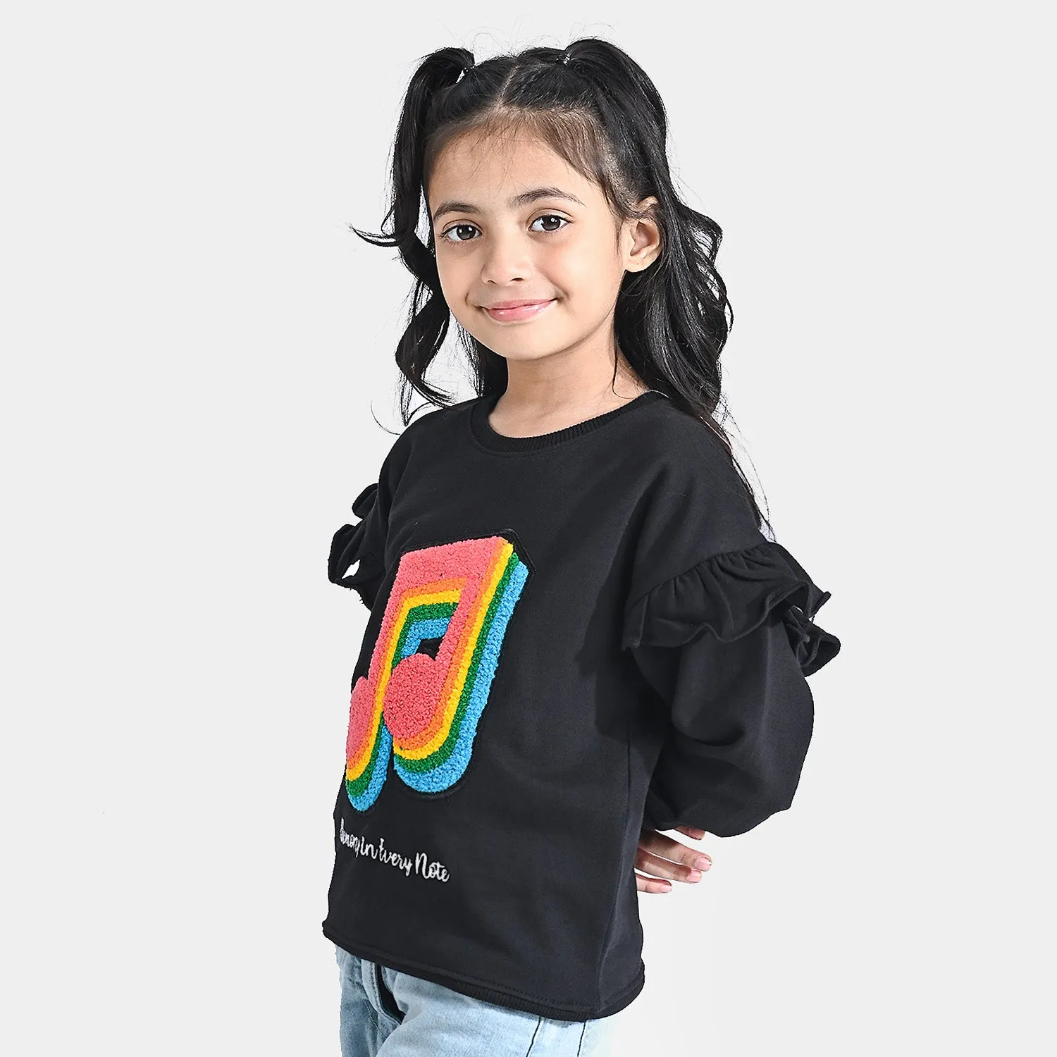 Girls Cotton Terry Sweatshirt Music-Jet Black