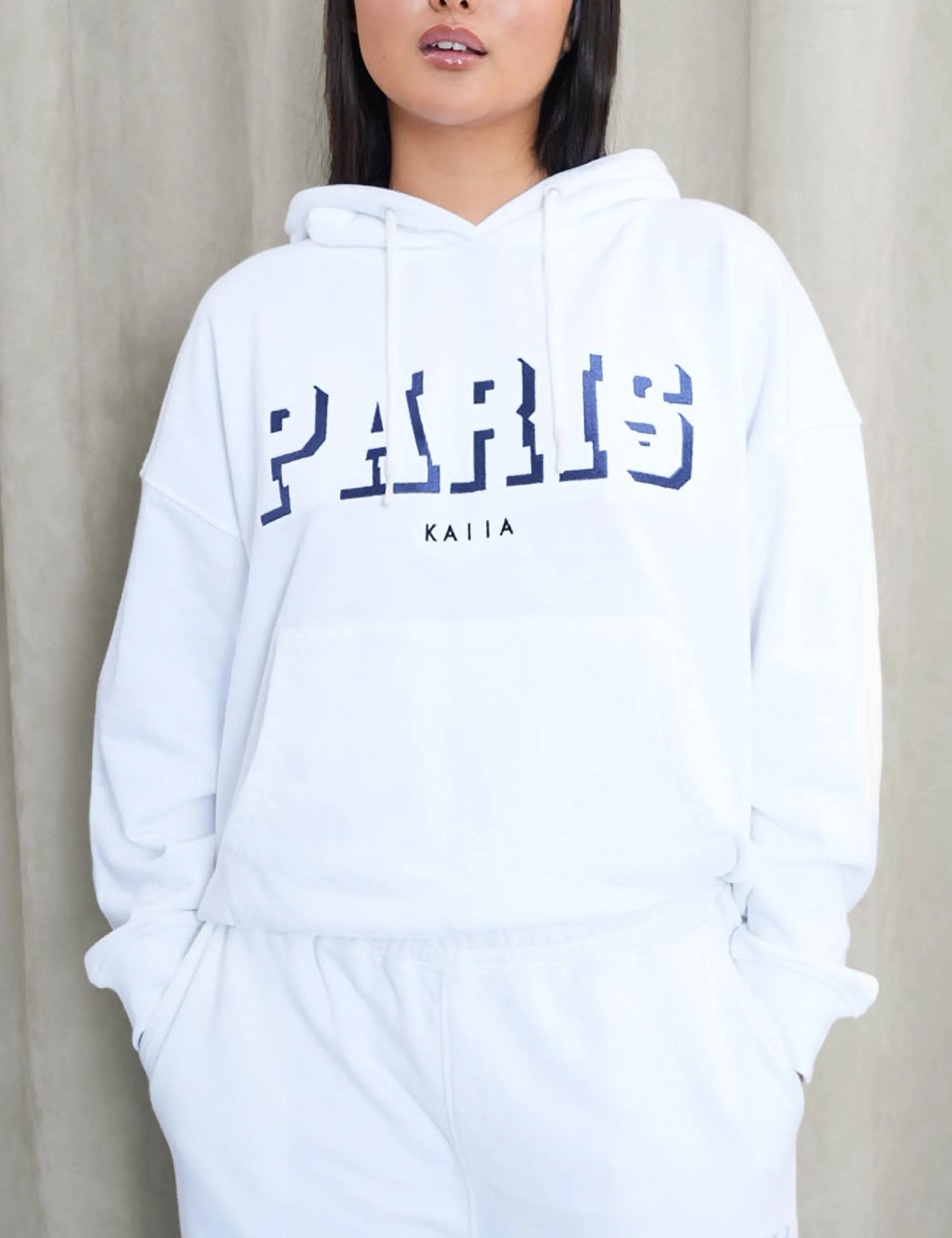 Kaiia Paris Shadow Logo Oversized Drawstring Hoodie White