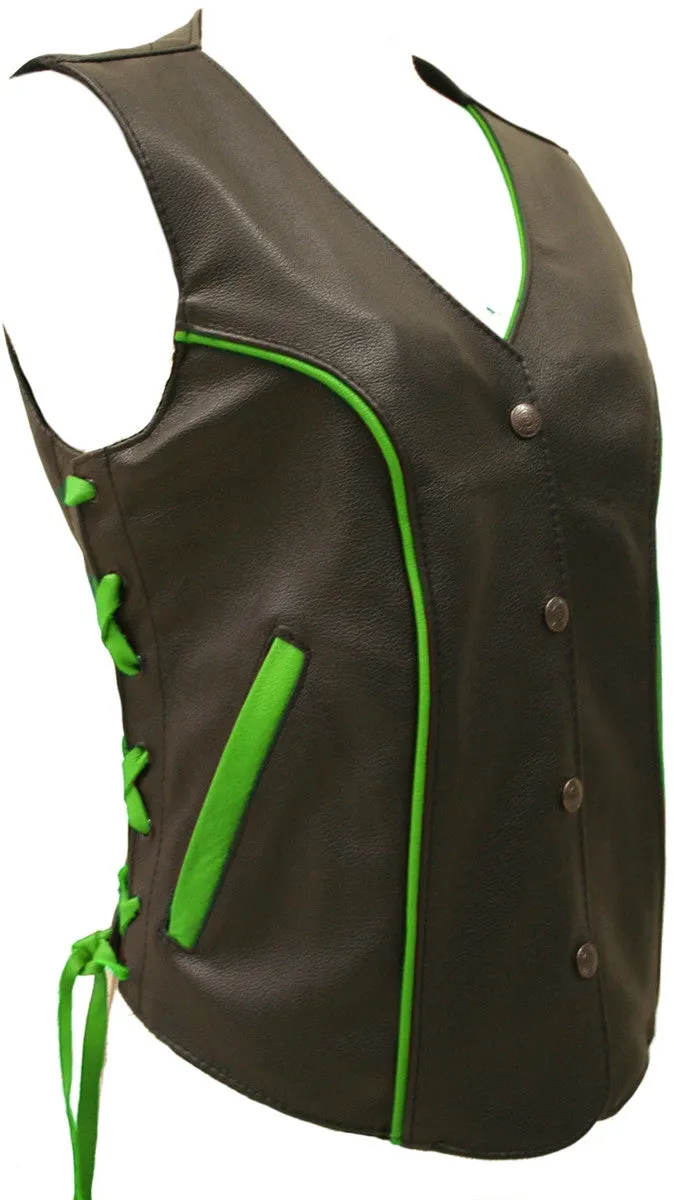 Ladies Made in USA Black Leather Motorcycle Vest with Lime Green Trim Side Laces