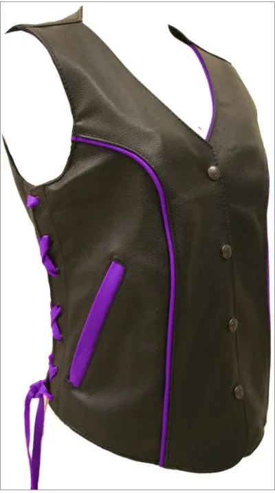 Ladies Made in USA Black Leather Motorcycle Vest with Lime Green Trim Side Laces