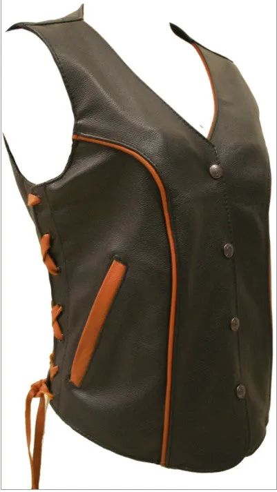 Ladies Made in USA Black Leather Motorcycle Vest with Lime Green Trim Side Laces