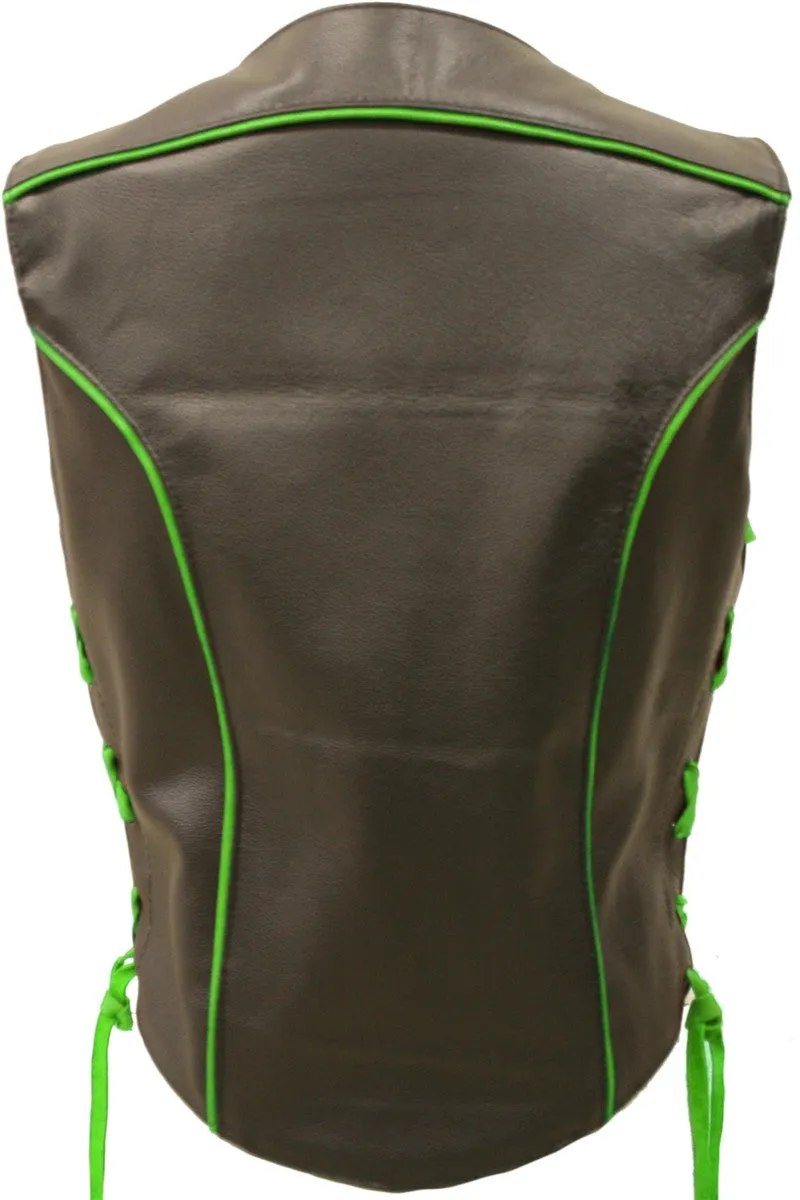 Ladies Made in USA Black Leather Motorcycle Vest with Lime Green Trim Side Laces