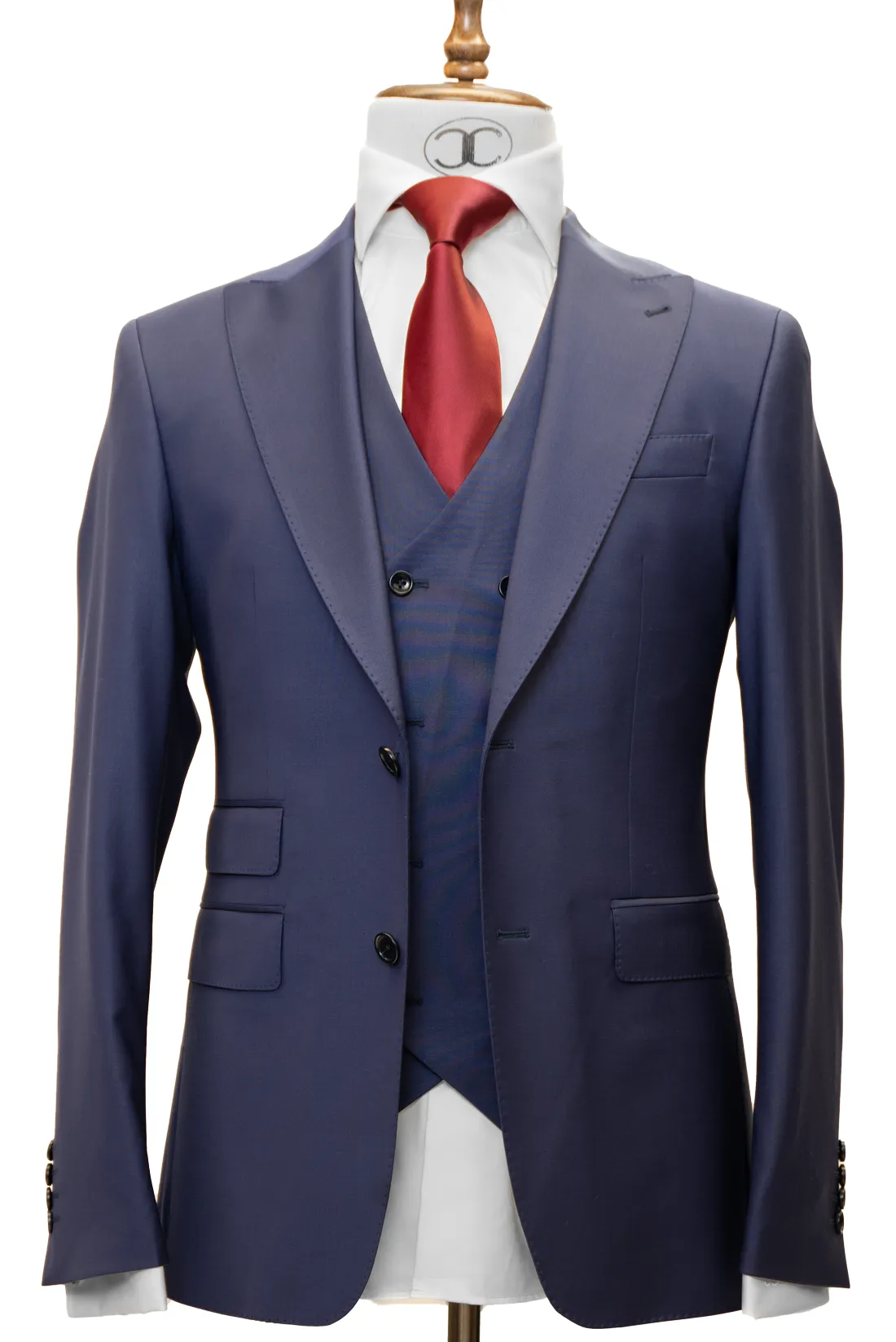 LANIFICIO MARIO - NAVY BLUE 3 PIECE SLIM FIT SUIT WITH V VEST