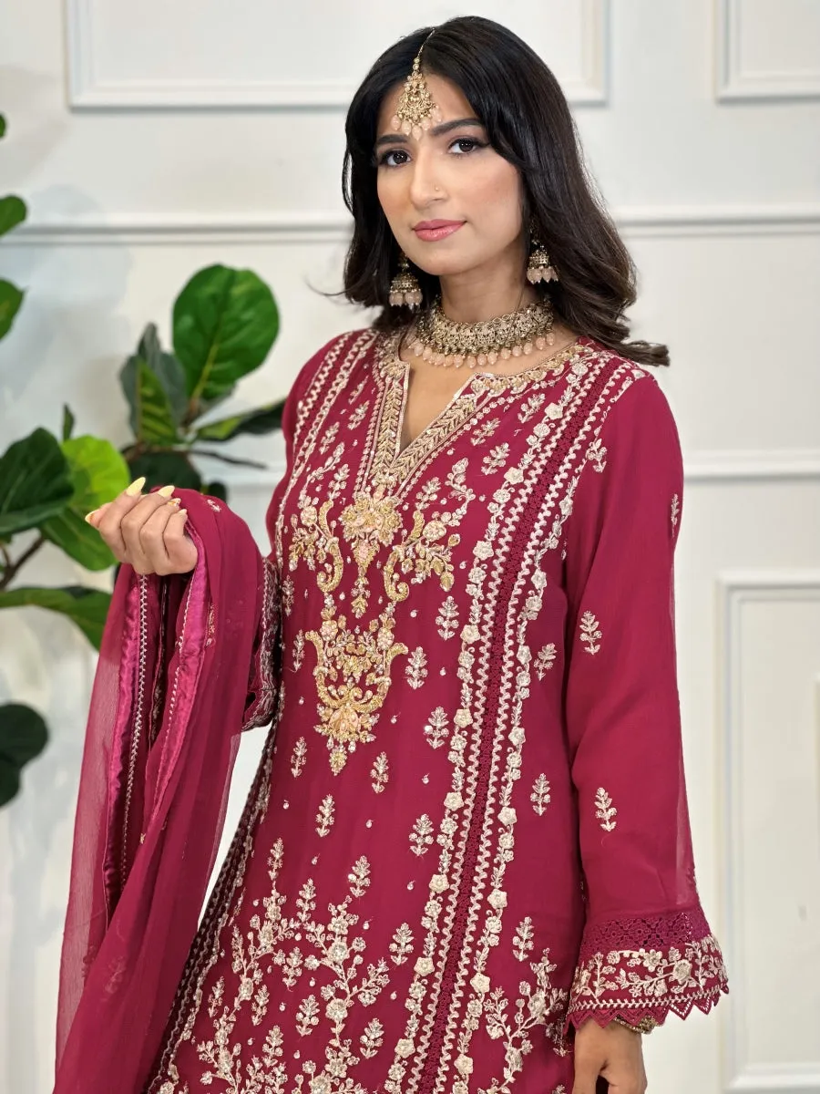 Raspberry Pink Gharara Pant Suit with Champagne Embroidery 3pc Suit