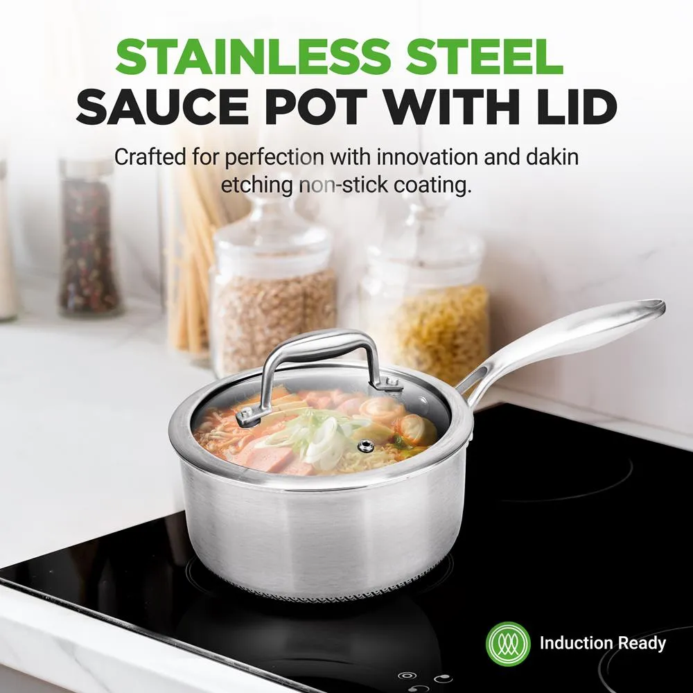 Sauce Pot With Glass Lid - Triply Stainless Steel Cookware, Dakin Etching Non-Stick Coating Inside And Outside