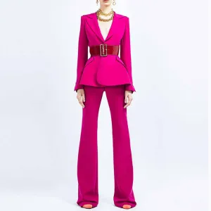 Women Pant Suits 2 Piece Fashion Suits with Belt Blazer Pant Formal Suits