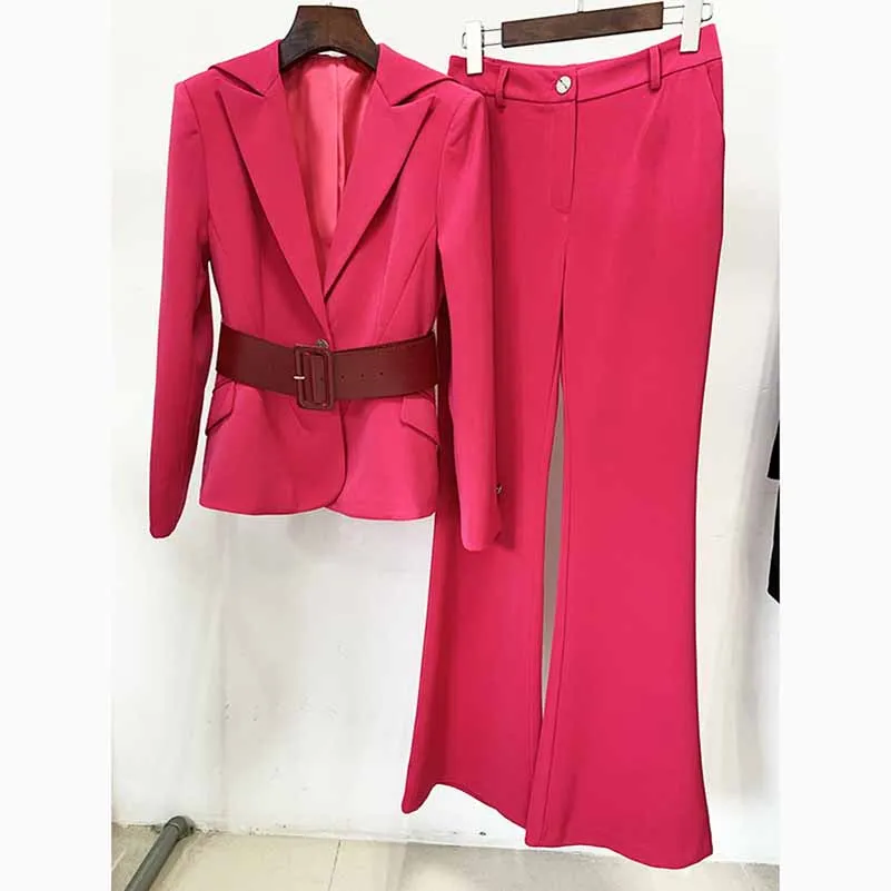 Women Pant Suits 2 Piece Fashion Suits with Belt Blazer Pant Formal Suits