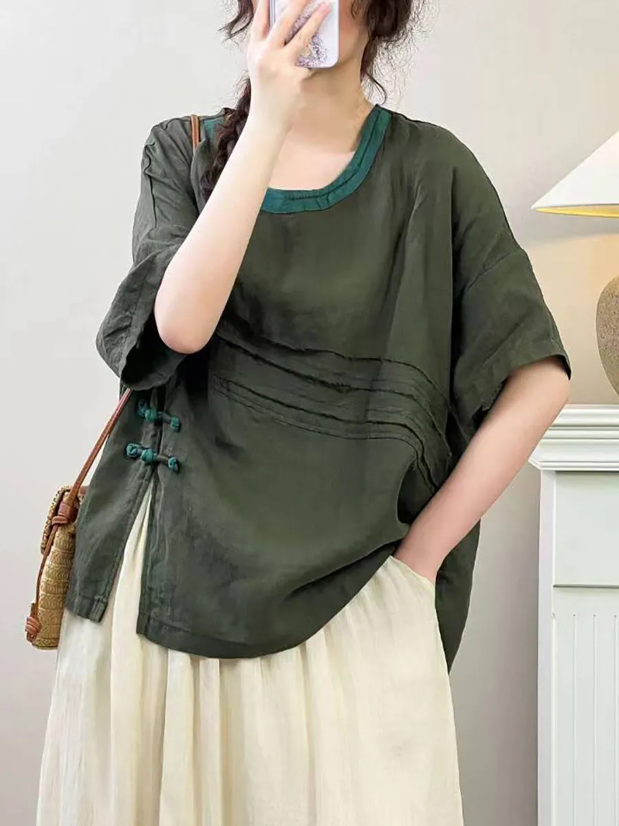 Women Summer Vintage Solid Spliced Ramie Shirt IO1005