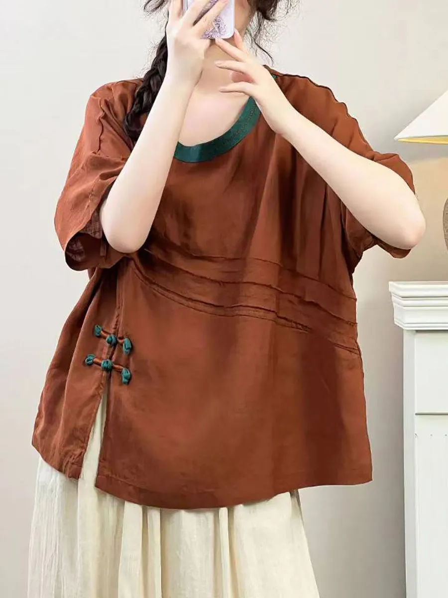 Women Summer Vintage Solid Spliced Ramie Shirt IO1005