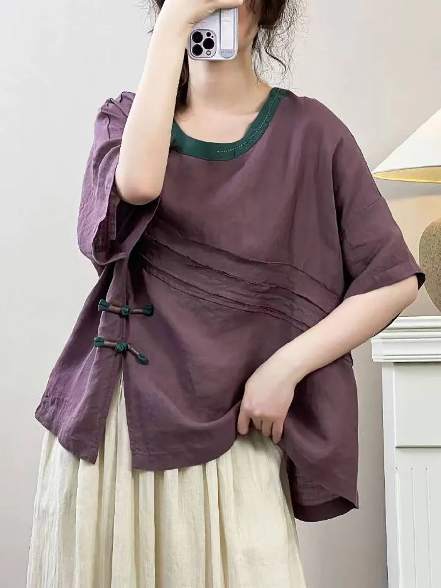 Women Summer Vintage Solid Spliced Ramie Shirt IO1005